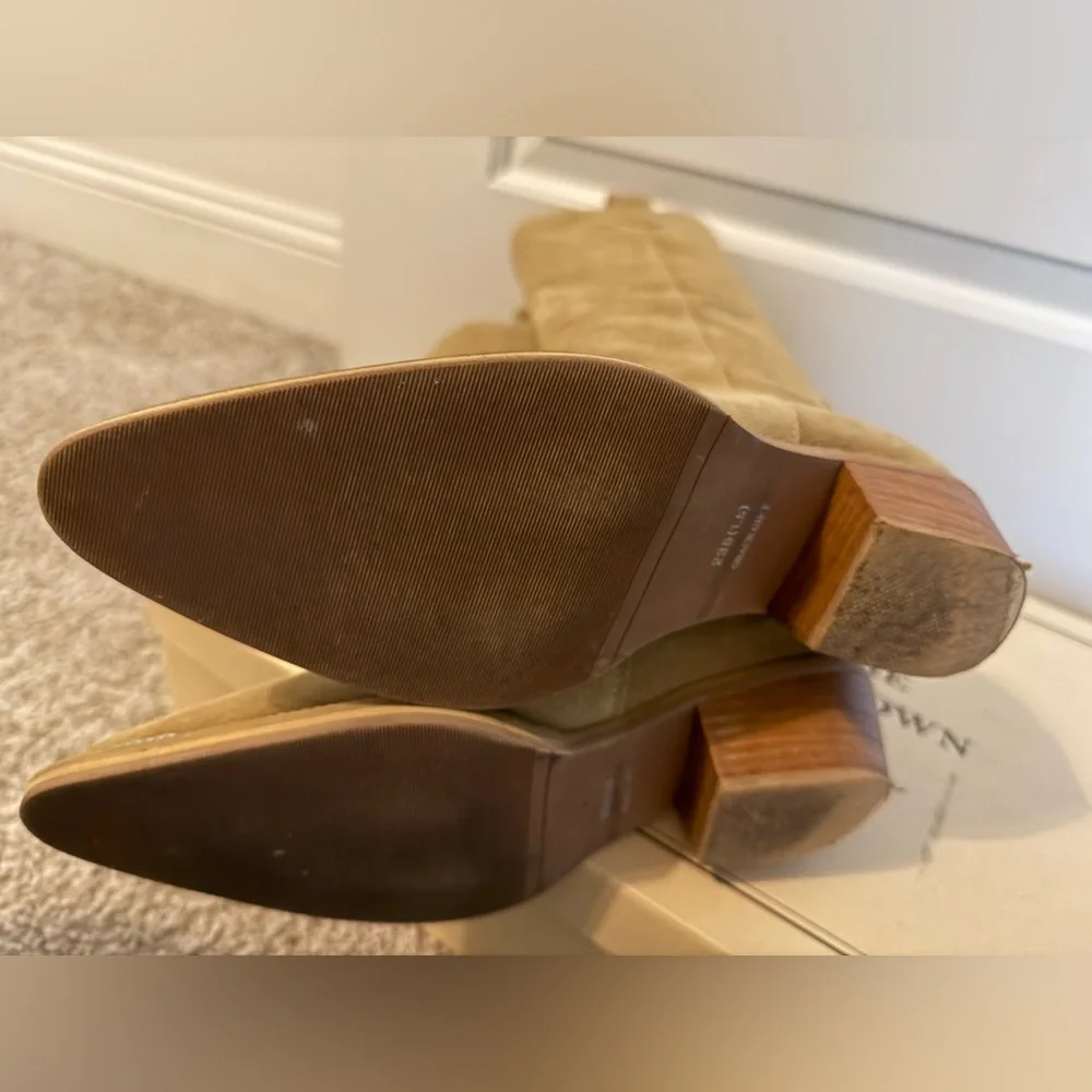 Grace Gift X Samantha Lin Leather V-Cut Western Block Heel Long Boots Beige 23.5 - Picture 14 of 16